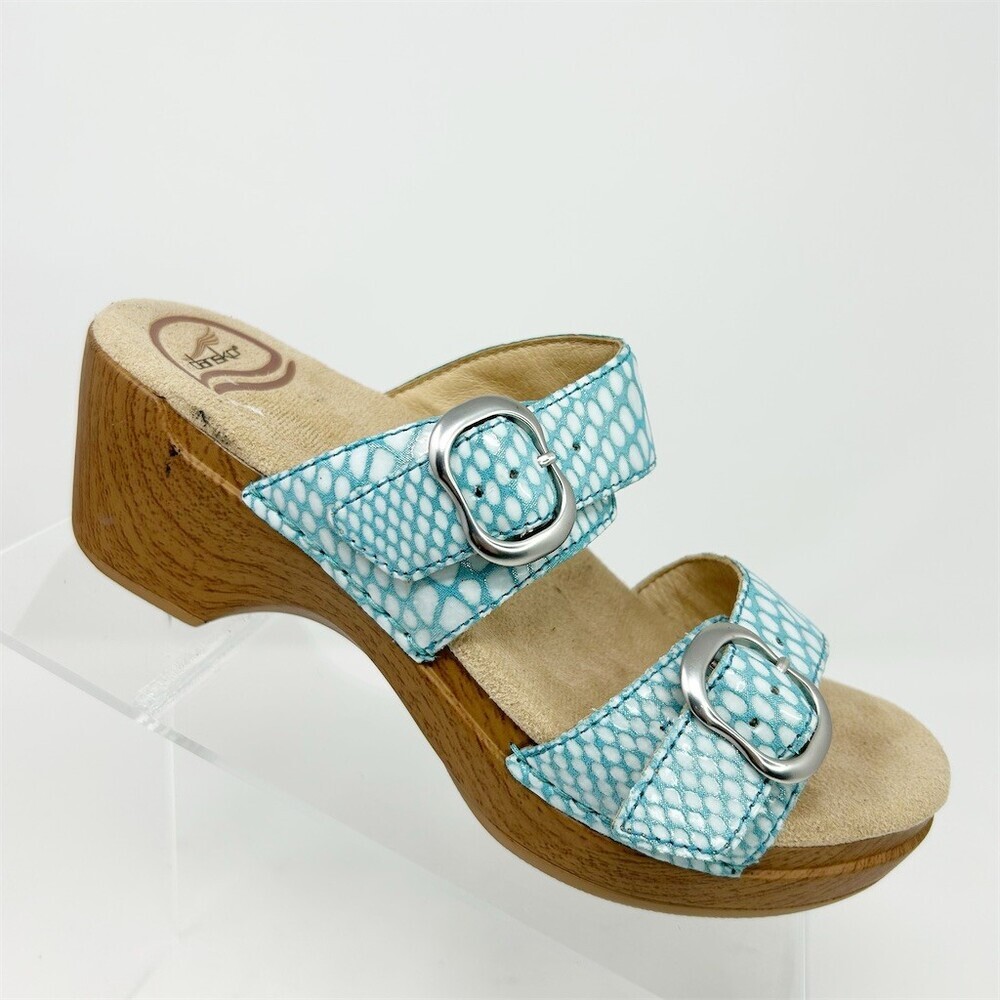 Dansko Sophie Womens Slide Sandals Blue Snakeskin Print Wedge Double Strap 36